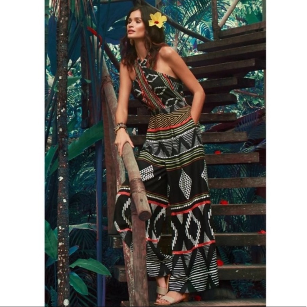 Sleeveless Black Geometric Print Jumpsuit
